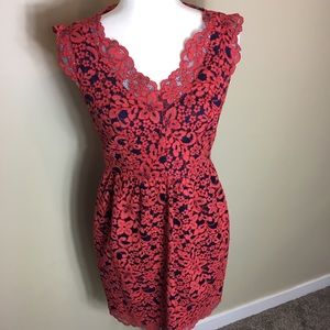 Shoshanna Red and Blue Lace V Neck Dress